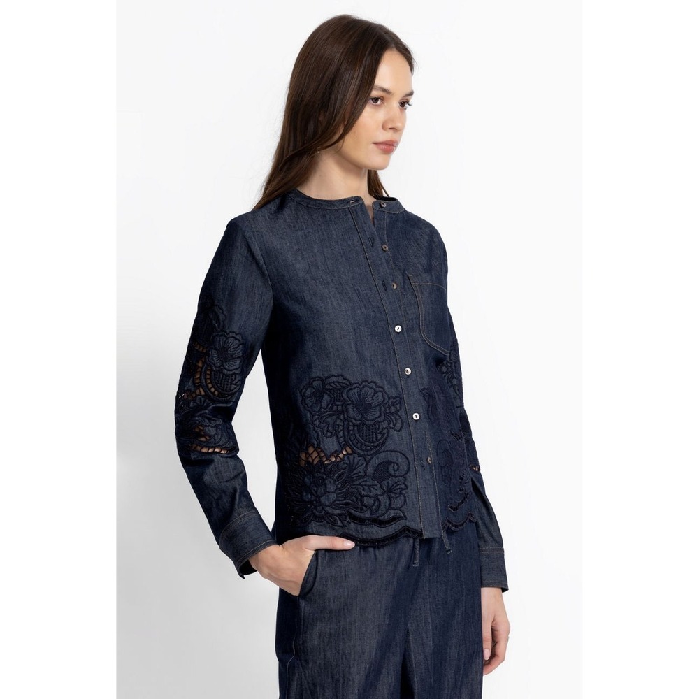 Johnny Was Jade Susani Cecelia Blouse Denim Embroidere Shirt Dark Wash Small